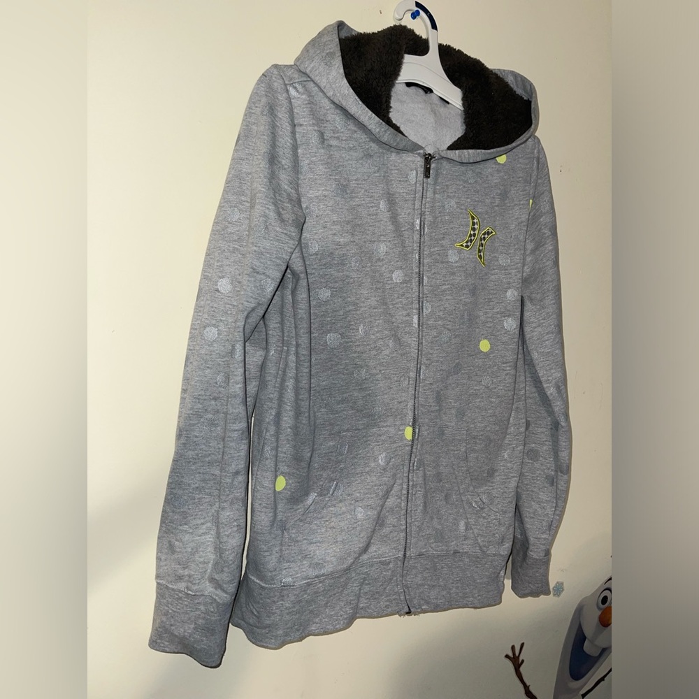 Hurley Womens Hoodie Full Zip Long Slv Sherpa Lined Hood Gray w/dots Sz Medium